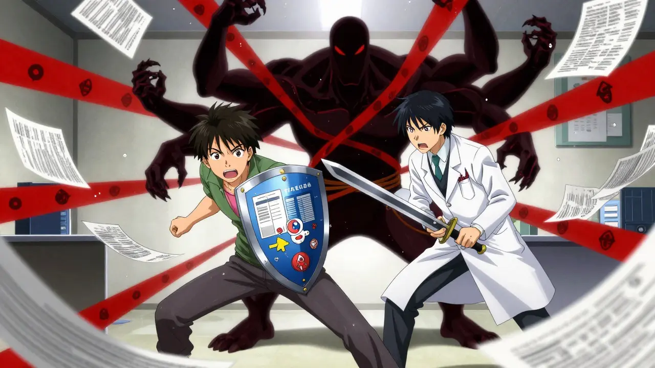 Anime hero and doctor fighting a bureaucratic paper monster in a shounen battle scene.