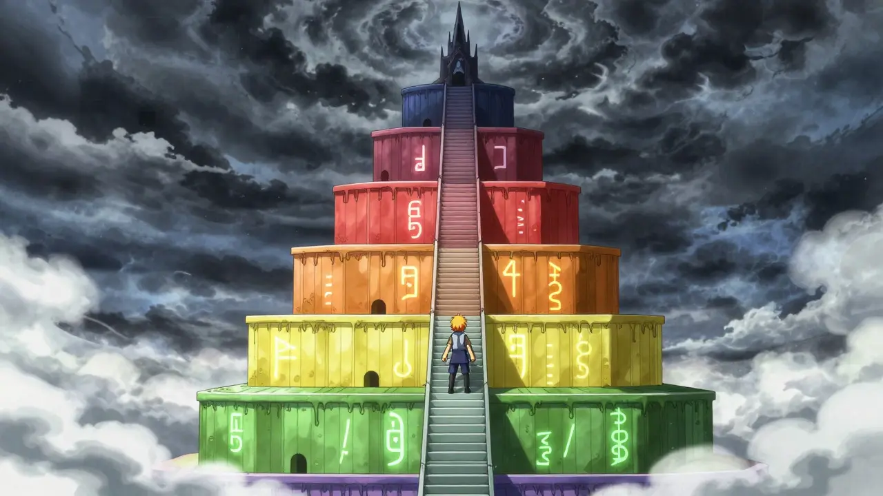 Anime illustration of a tower representing insurance drug tiers with a climber struggling upwards.