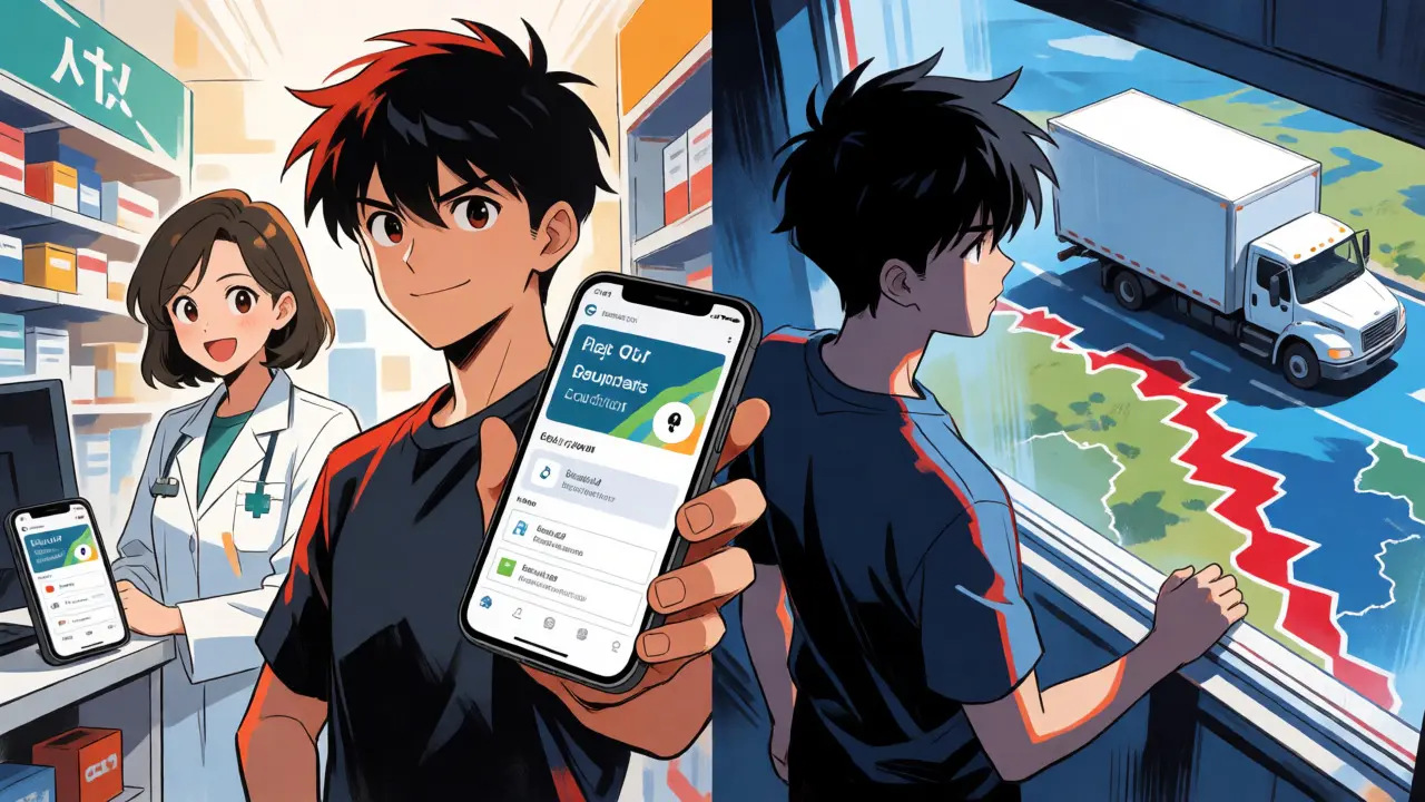 Anime split screen comparing local vs Canadian drug buying