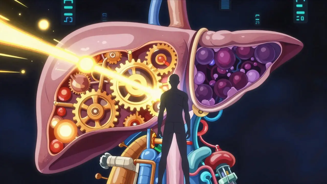 Anime-style illustration of liver enzymes processing drugs and herbs