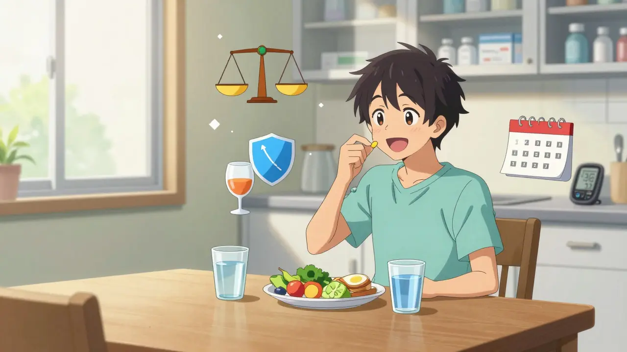 Character taking diabetes medication safely at breakfast
