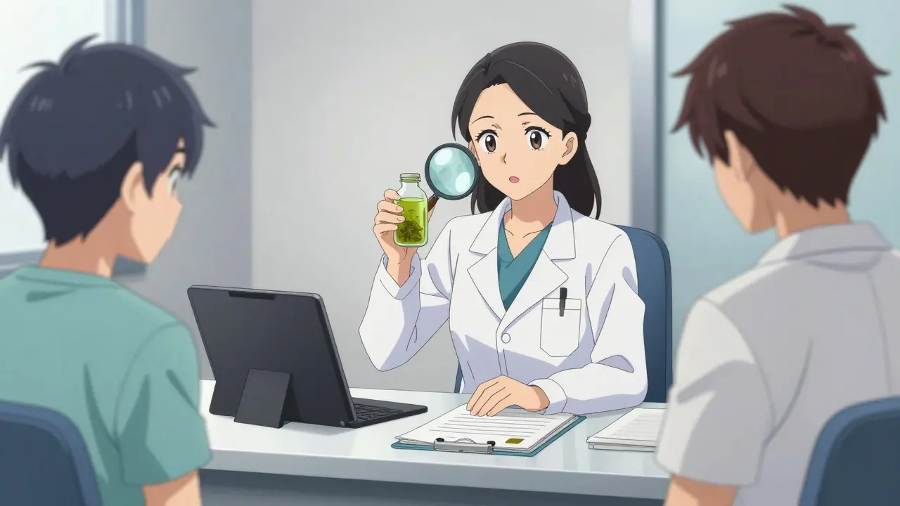 Doctor showing a patient a herbal supplement bottle in an office