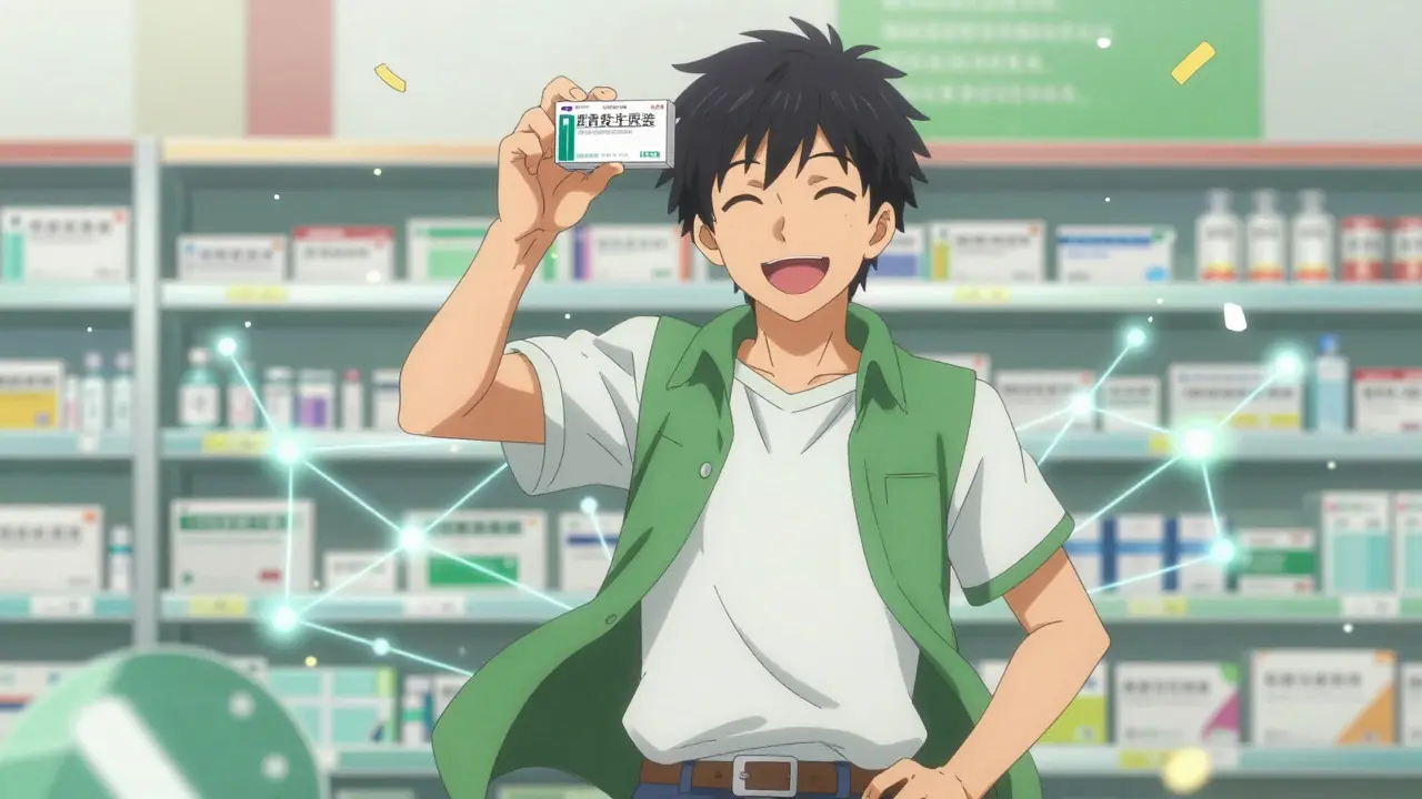 Happy anime character holding medicine package with sparkles
