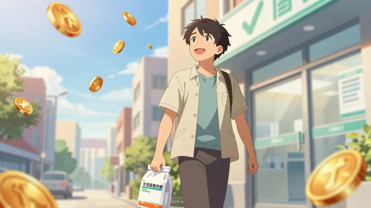 Happy anime patient walks away from pharmacy, feeling relieved about medication costs.