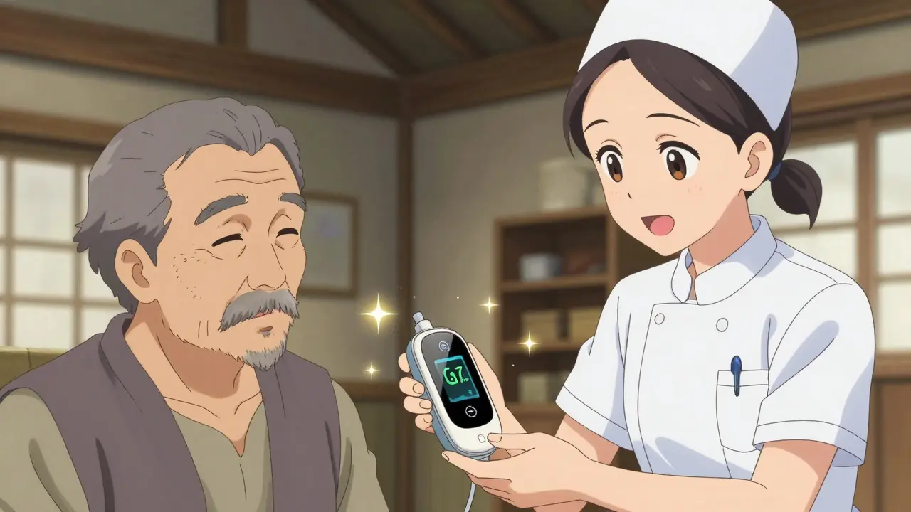 Nurse helping an elderly patient use a smart pill dispenser in a living room