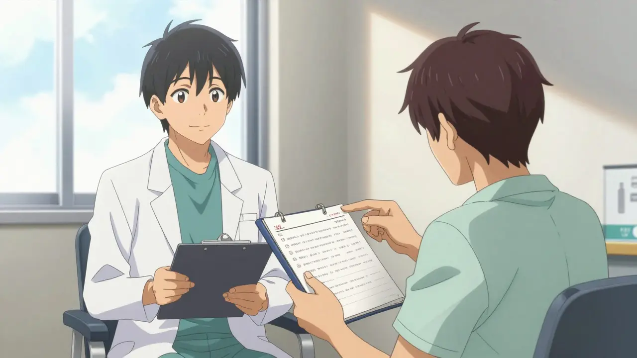 Patient discussing symptoms with doctor, anime style
