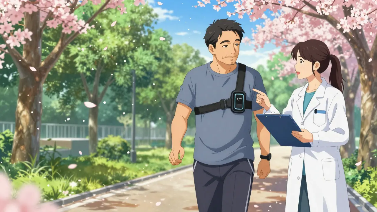 Patient walking in a park with a supervisor monitoring heart rate in anime style