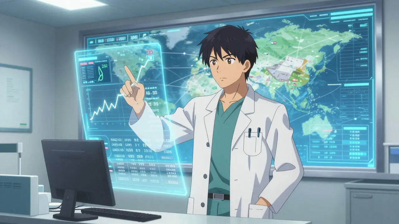 Pharmacist analyzing patient data in a futuristic virtual care office