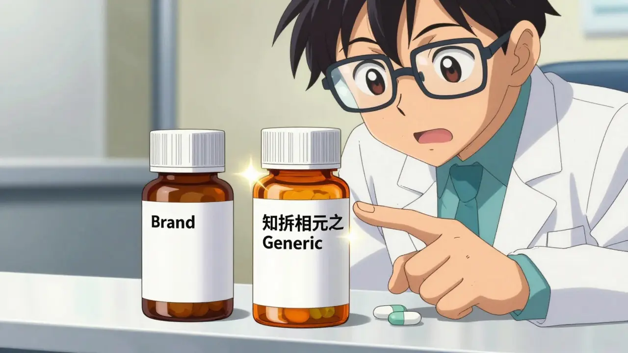 Pharmacist explains authorized generic vs traditional generic to a patient in anime style.