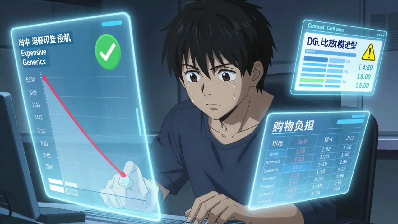 Protagonist analyzing pharmacy prices on holographic screens