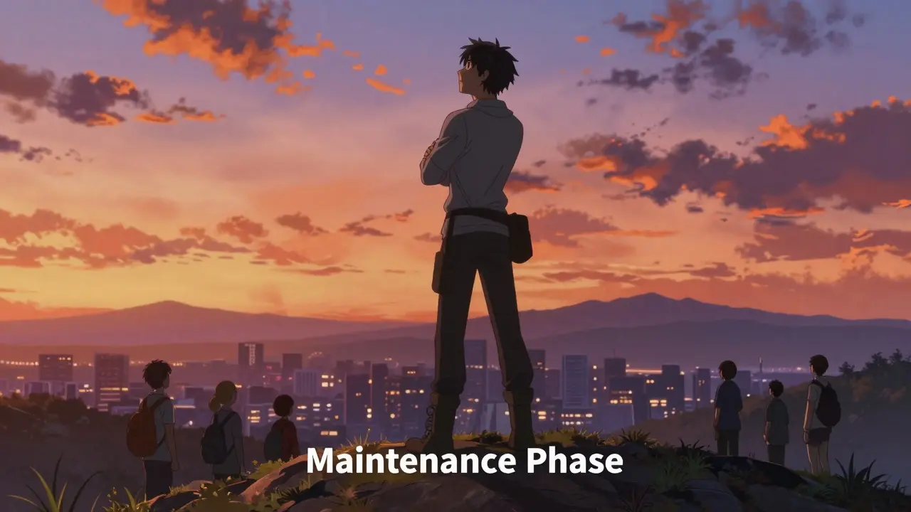 Recovered person standing on a hill at sunset in an anime style