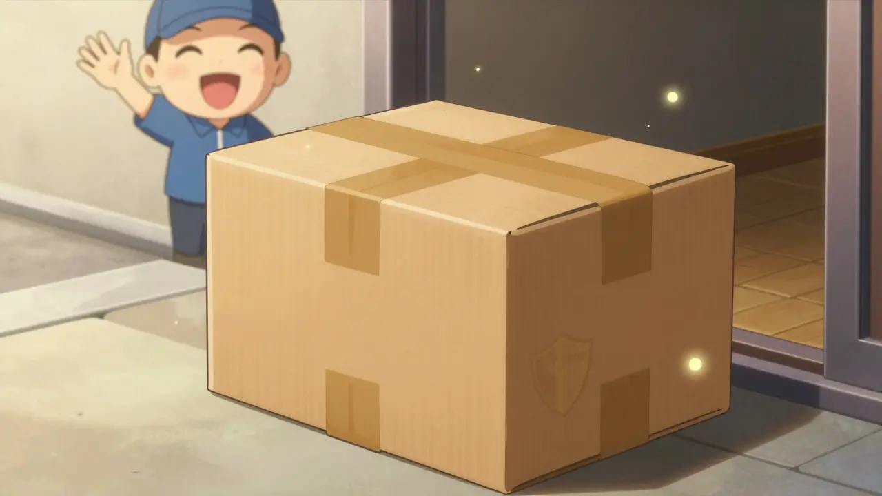 Safe medicine delivery box with glowing shield emblem in anime style