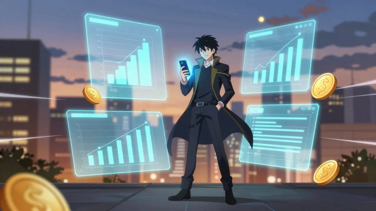 Stylized anime scene showing a person comparing digital price discounts