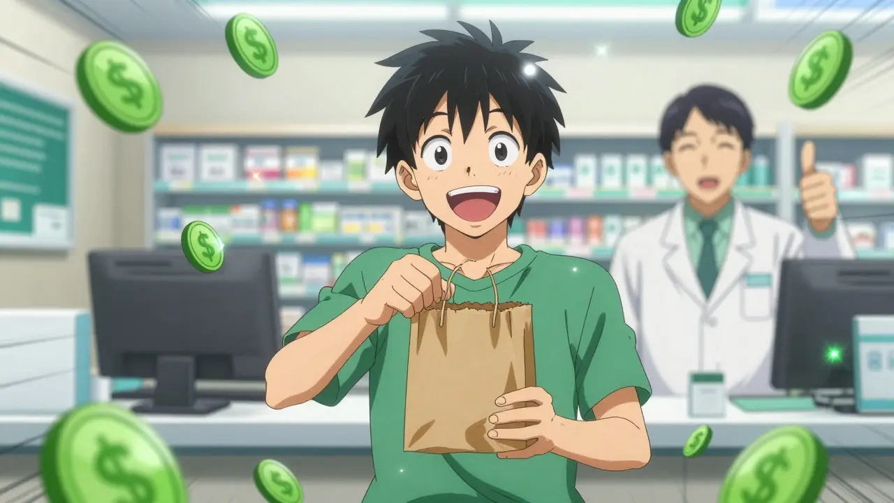Triumphant anime character holding a prescription bag at a pharmacy counter