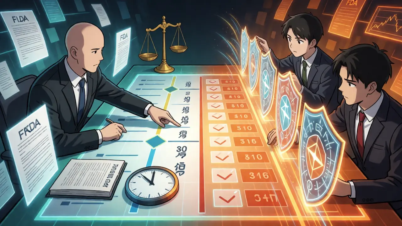 Strategic anime scene showing Hatch-Waxman patent disputes and the 30-month stay.
